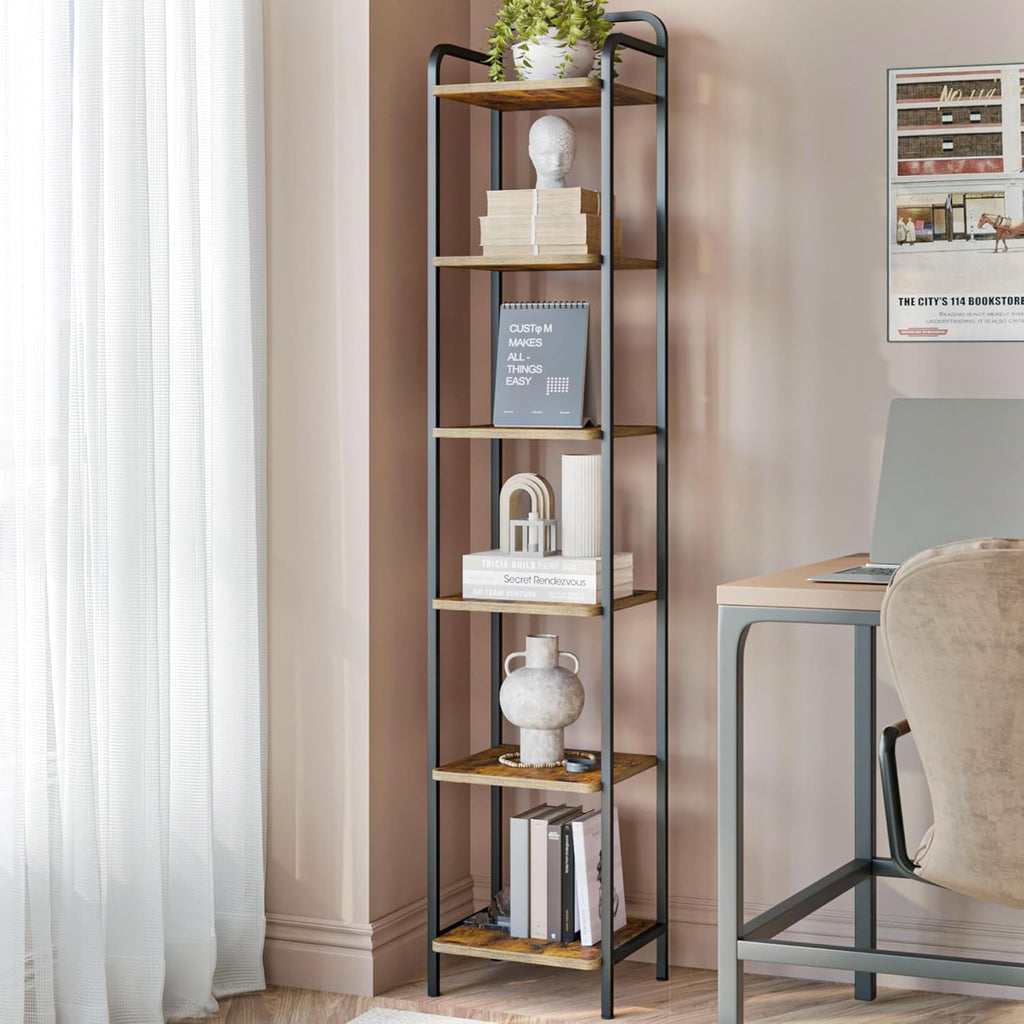 Hzuaneri 6-tier industrial style bookcase with rustic brown and black finish