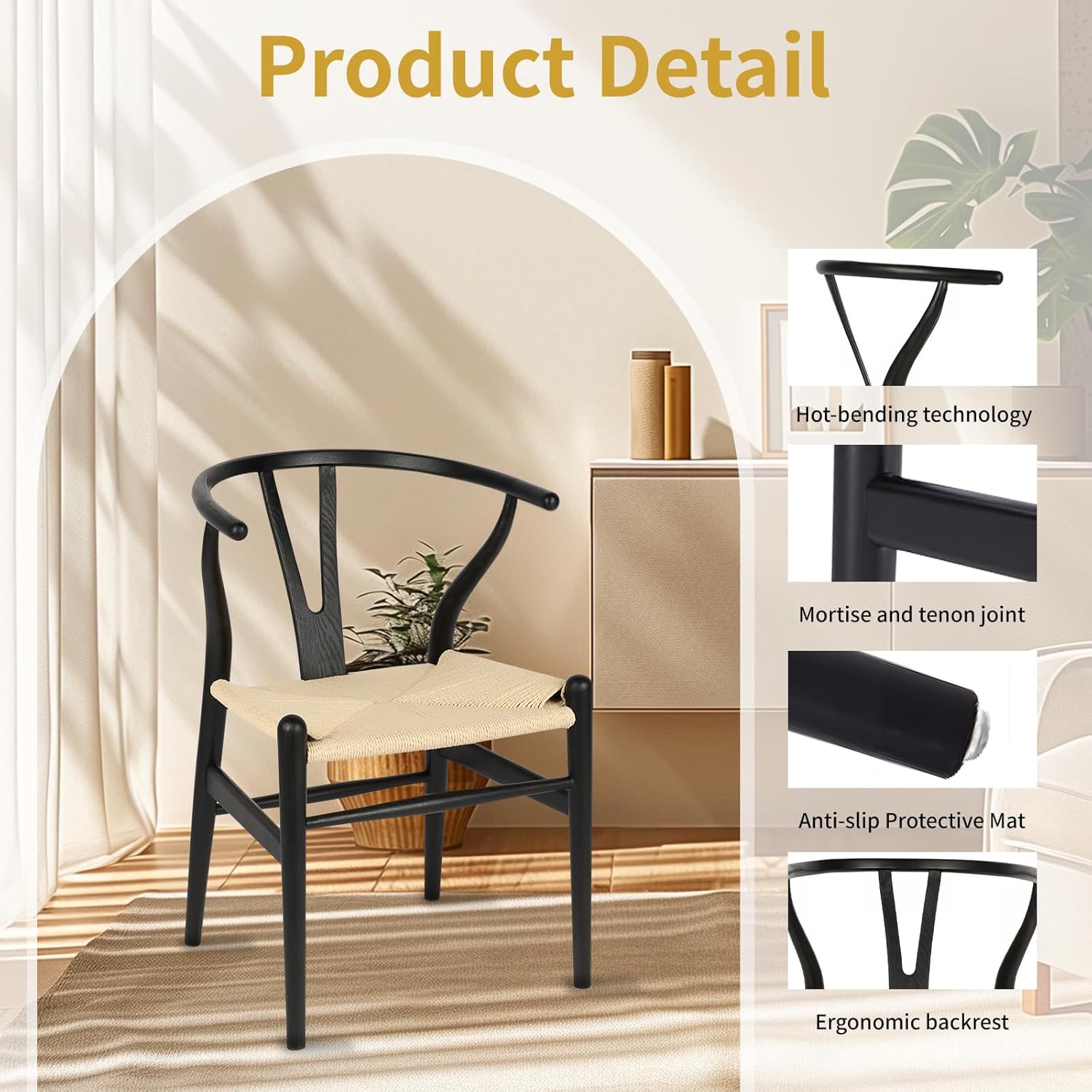 VODUR Wishbone Dining Chair Set of 2 Natural Solid Wood