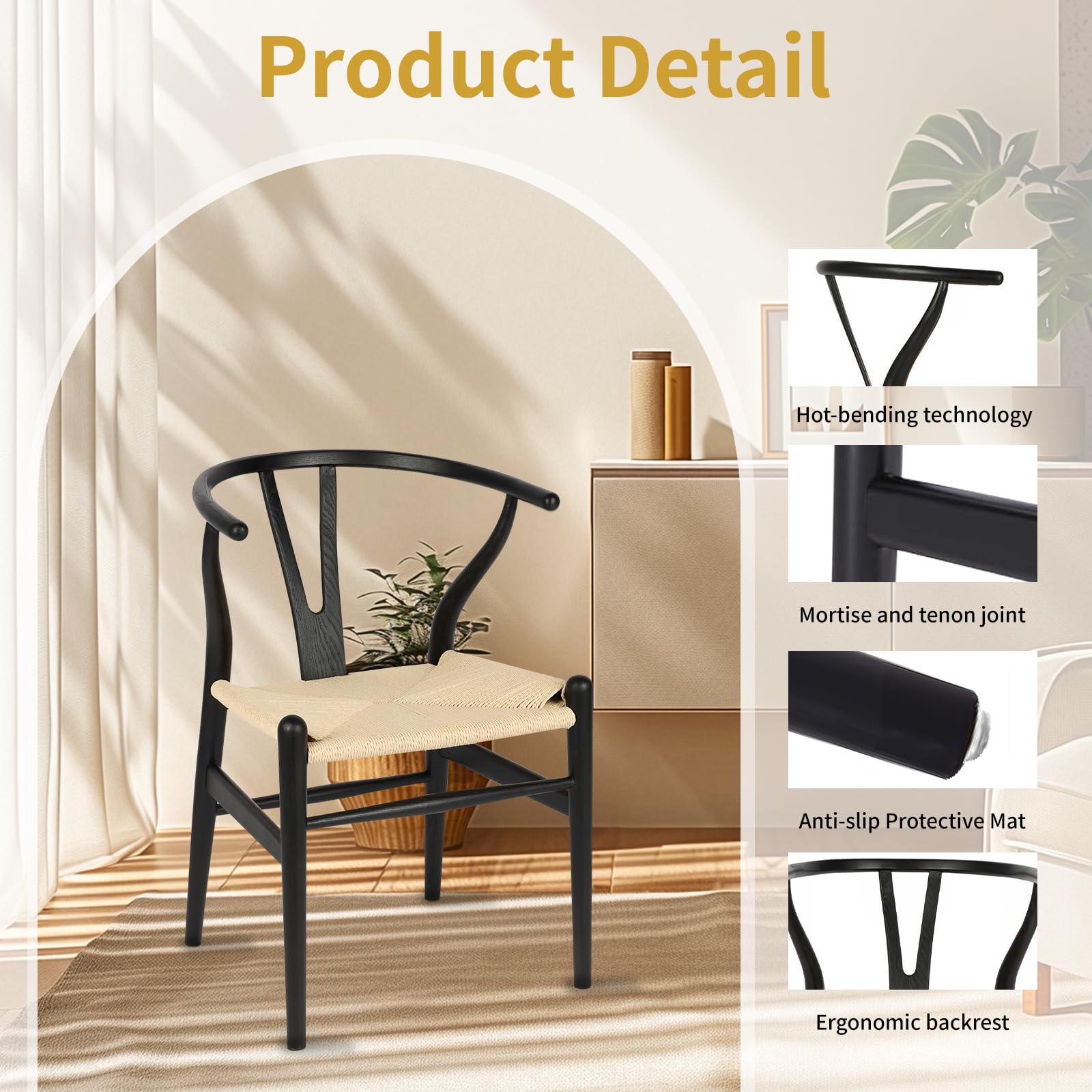 VODUR Wishbone Dining Chairs Set of 2 - Natural Solid Wood and Rattan Seat
