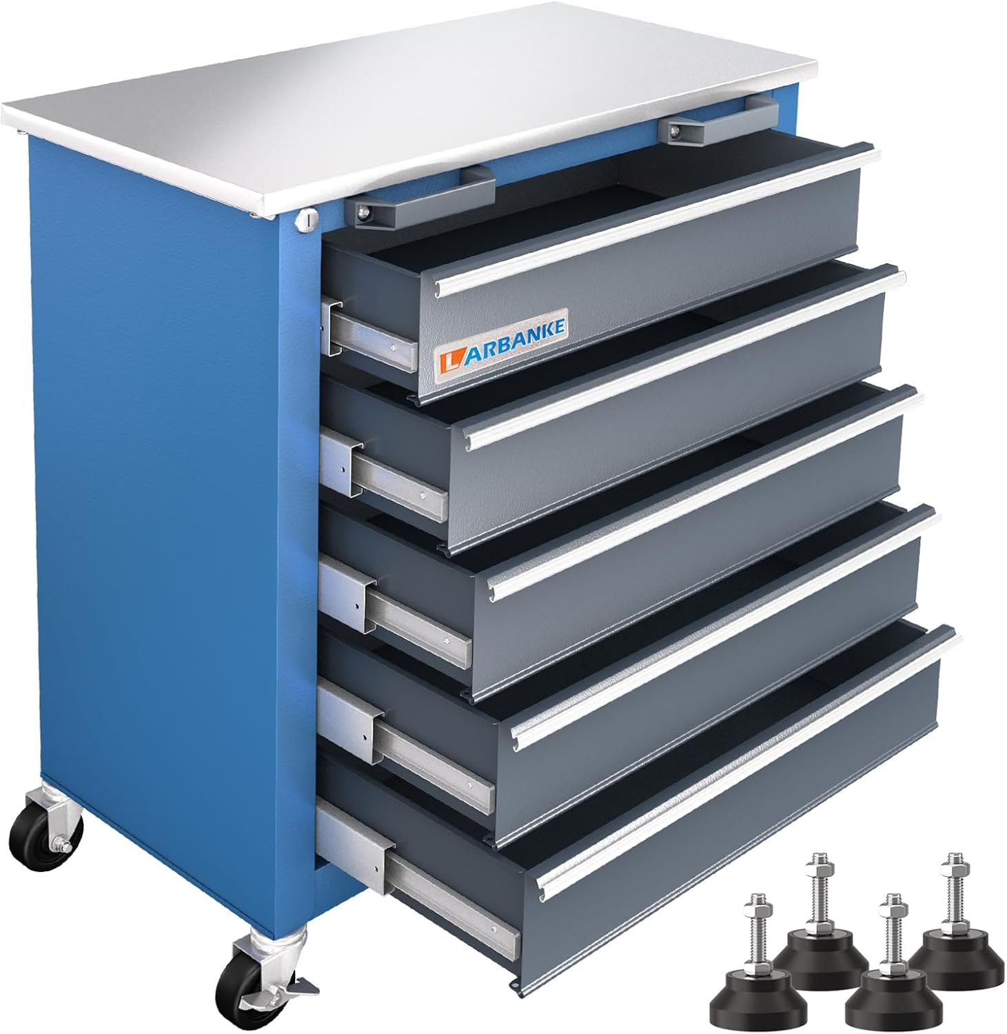 LARBANKE 5-Drawer Rolling Tool Chest with Stainless Steel Worktop - rolling