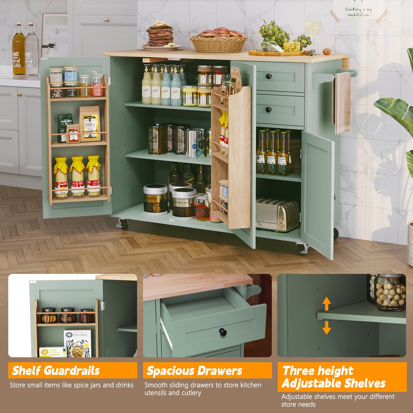 HLR Sage Green Rolling Kitchen Island with Storage