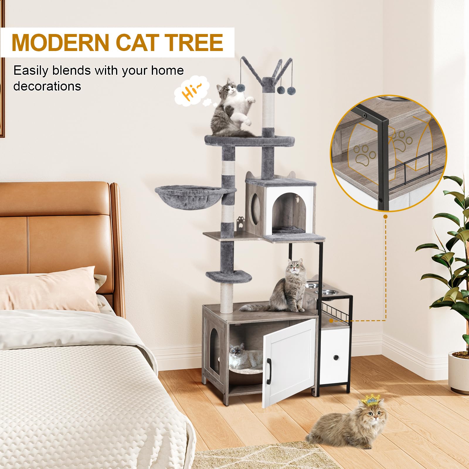 Snughome 3-in-1 Modern Cat Tower with Litter Box Enclosure