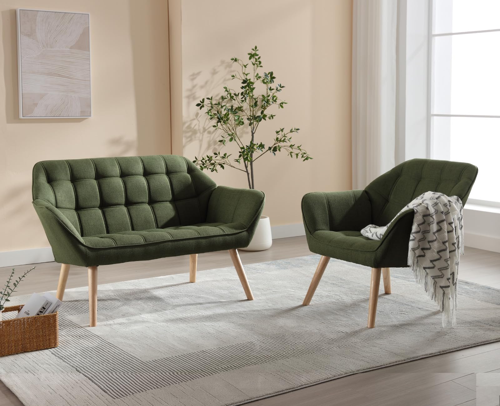 chairus Set of 2 Modern Linen Upholstered Armchairs with Wooden Legs