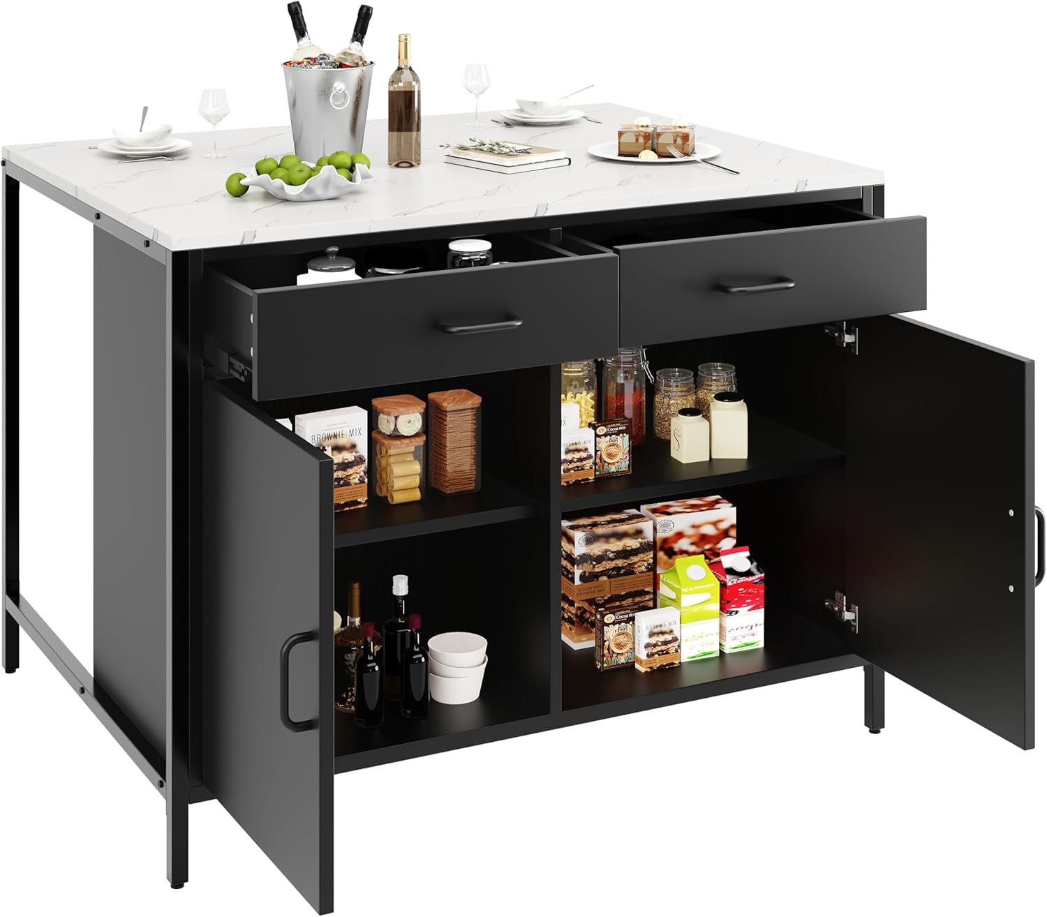 Azkoeesy High Table with 2 Drawers and Doors - Black