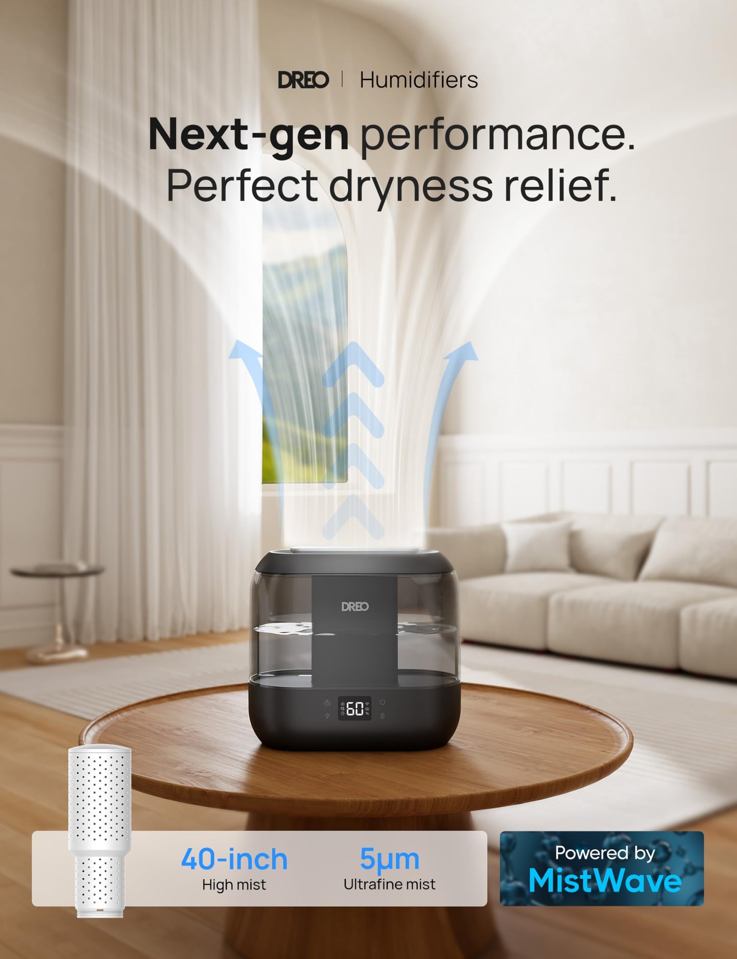 Dreo Smart Humidifiers for Bedroom, Top Fill 4L Cool Mist Humidifier with Nightlight, 32H Runtime, Touch/APP/Voice Control, Quiet Ultrasonic Humidifiers for Large Room, Home, Baby, Plants, Office