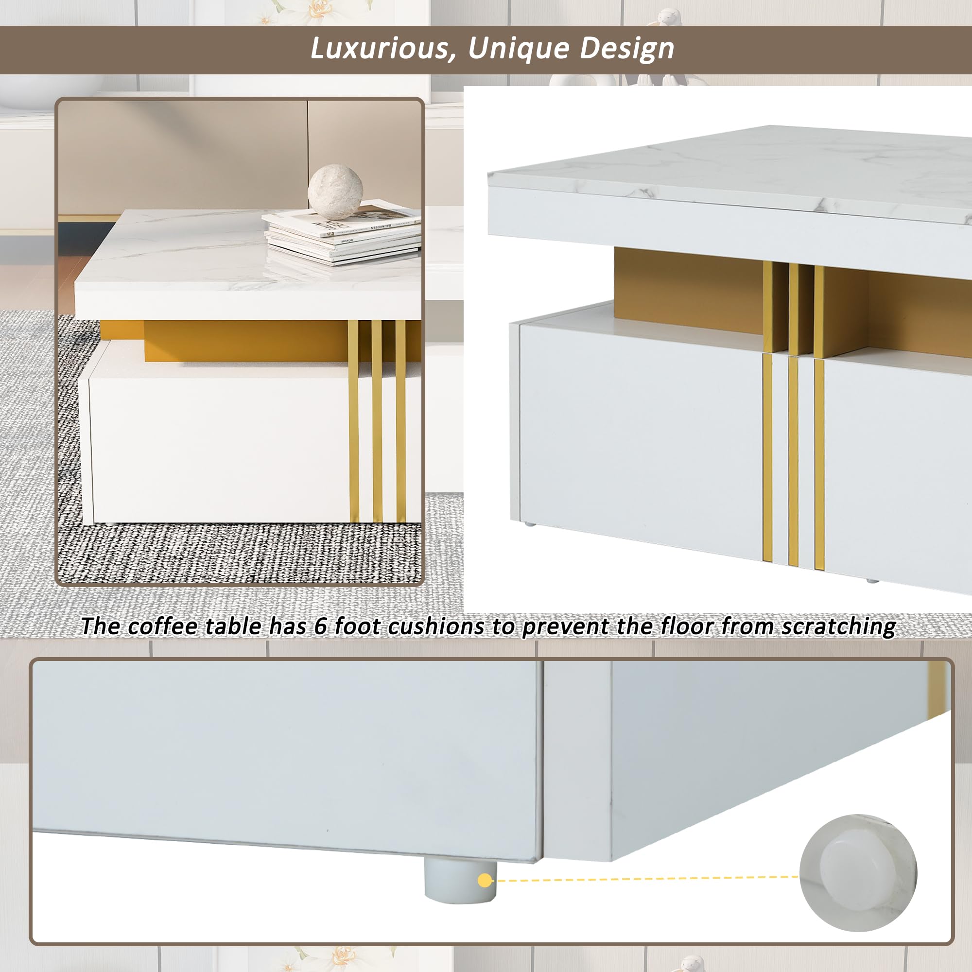 BTM Modern Rectangular Coffee Table with Imitation Marble Top