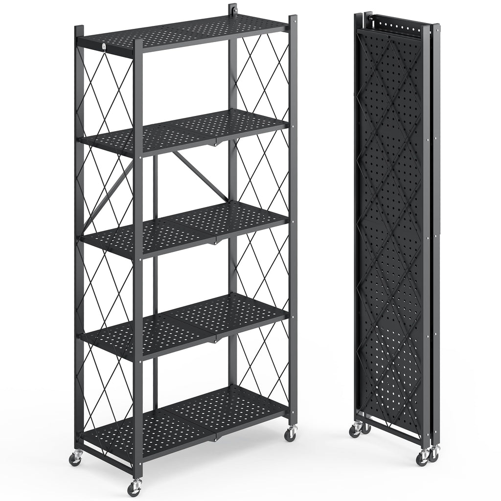 Fenbeli 5 Tier Metal Storage Shelf with wheels, black color, sturdy and foldable design