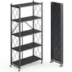 Fenbeli 5 Tier Metal Storage Shelf with wheels, black color, sturdy and foldable design