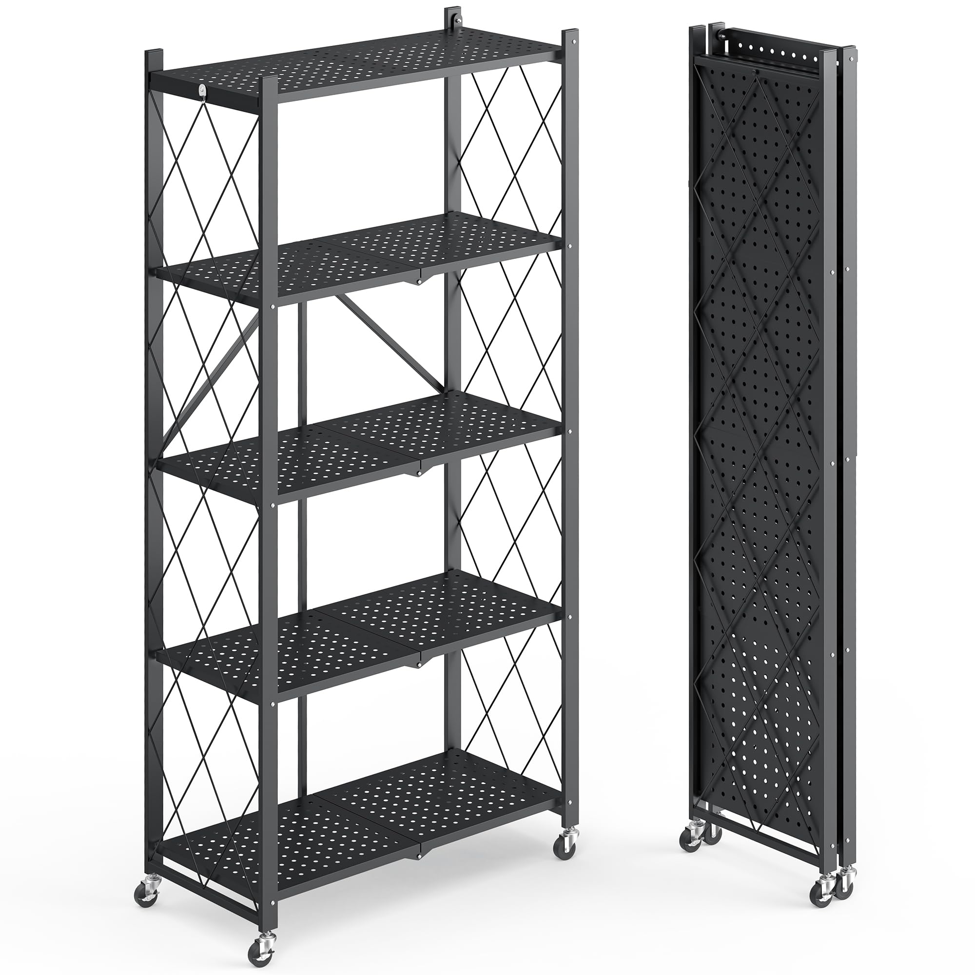 Fenbeli 5 Tier Metal Storage Shelf with wheels, black color, sturdy and foldable design