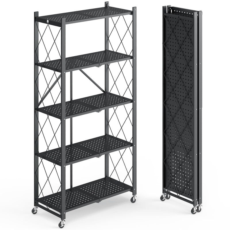 Fenbeli 5 Tier Metal Storage Shelf with wheels, black color, sturdy and foldable design