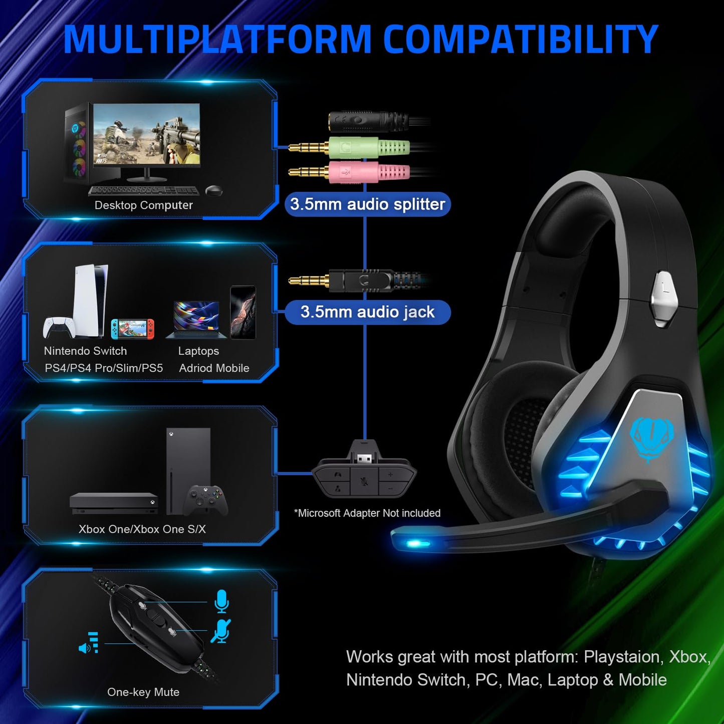 Pacrate Gaming Headset with Microphone for Switch PC PS4 PS5 Xbox One Noise Cancelling Gaming Headphones with LED Lights for Kids Adults Black Green