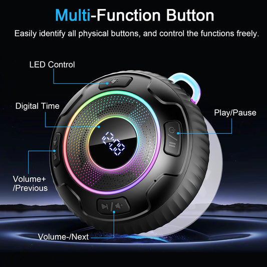 Portable Bluetooth 5.3 Shower Speaker with 360° HD Sound, IPX7 Waterproof, RGB Lights, and 10H Playtime