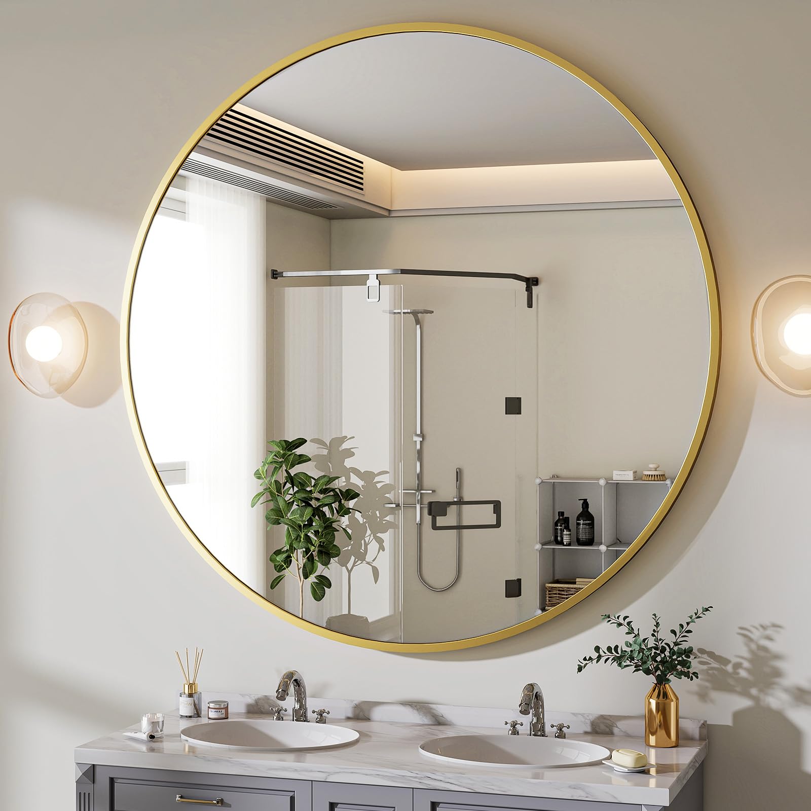 BEAUTYPEAK 30 Inch Round Gold Framed Wall Mirror