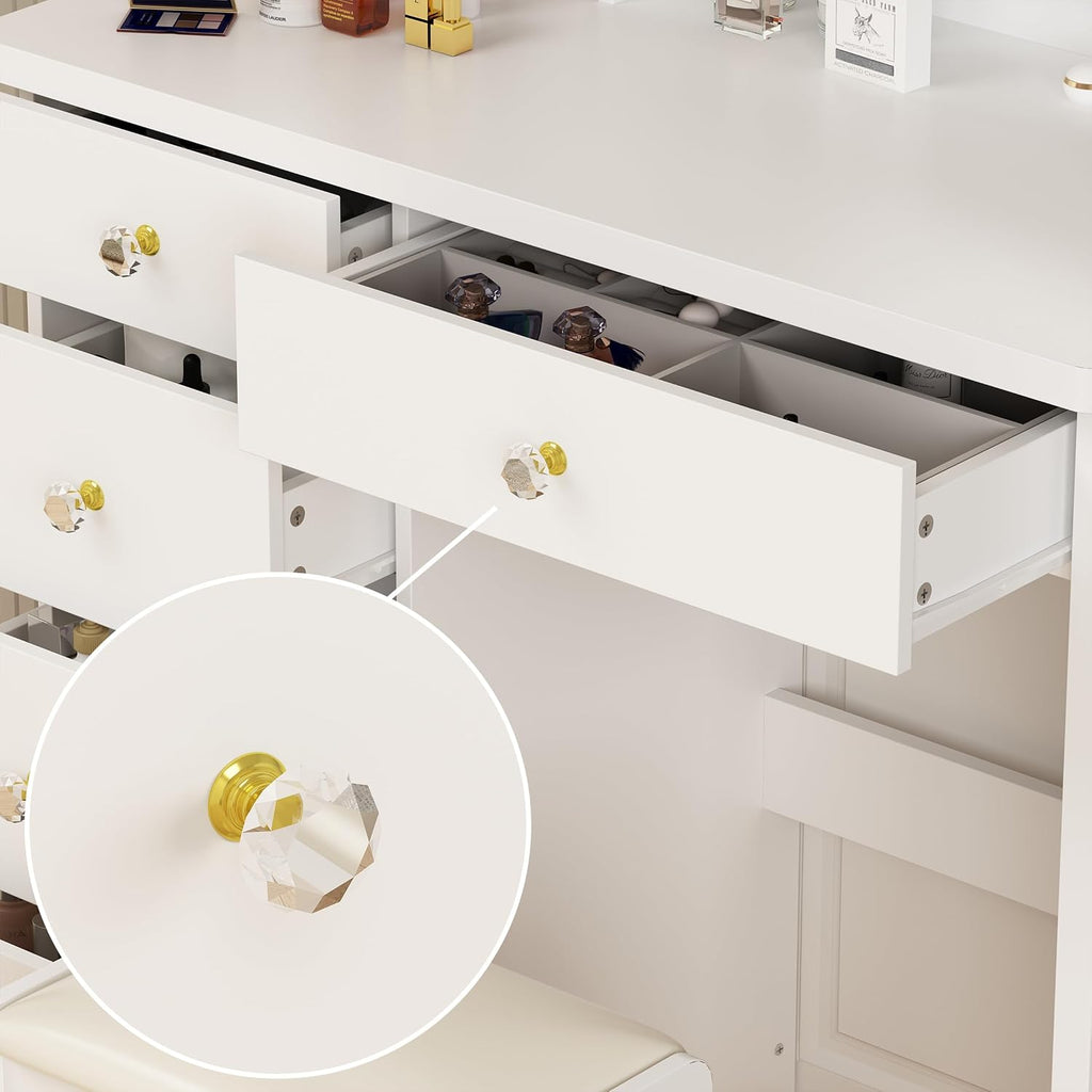 ECACAD Vanity Desk Set with LED Lighted Round Mirror, Makeup Dressing Table with 5 Drawers, Storage Shelves & Cushioned Stool for Bedroom, White