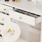 ECACAD Vanity Desk Set with LED Lighted Round Mirror, Makeup Dressing Table with 5 Drawers, Storage Shelves & Cushioned Stool for Bedroom, White