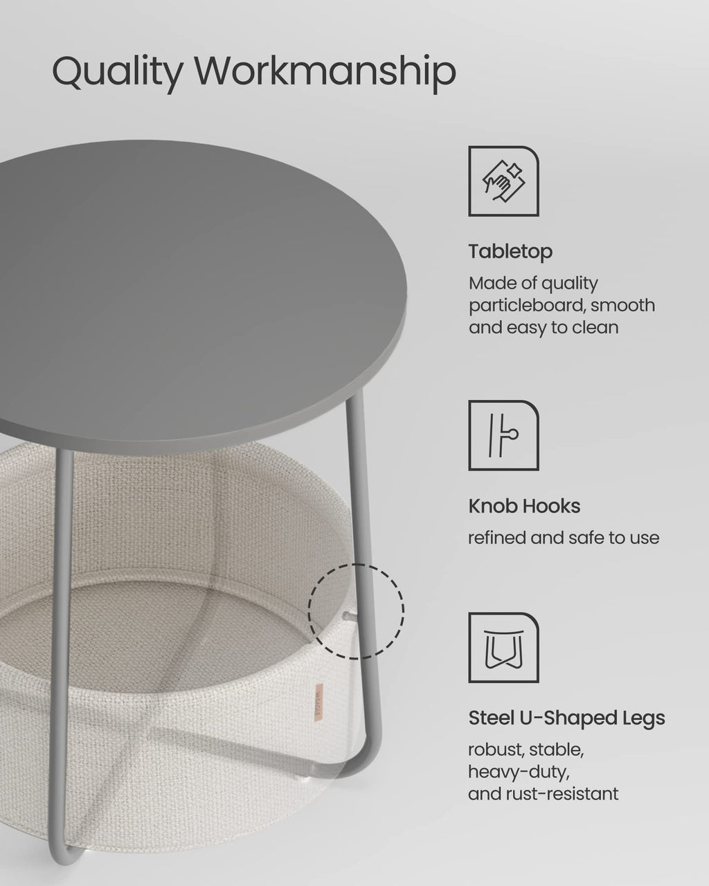 VASAGLE Modern Round Side Table with Fabric Basket