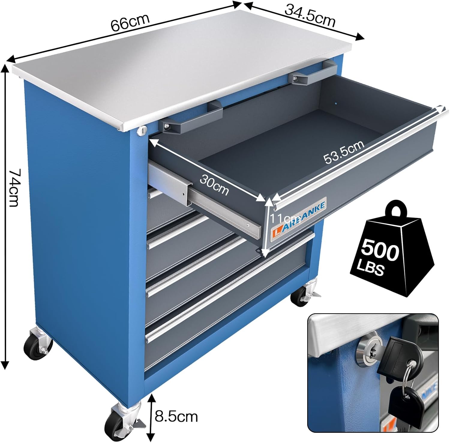 LARBANKE 5-Drawer Rolling Tool Chest with Stainless Steel Worktop - rolling