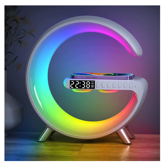 Smart LED Table Lamp, 4-in-1 Wireless Charger, Night Light, Alarm Clock, and Bluetooth Speaker with App Control for Bedroom, Office, and Home Decor (White)