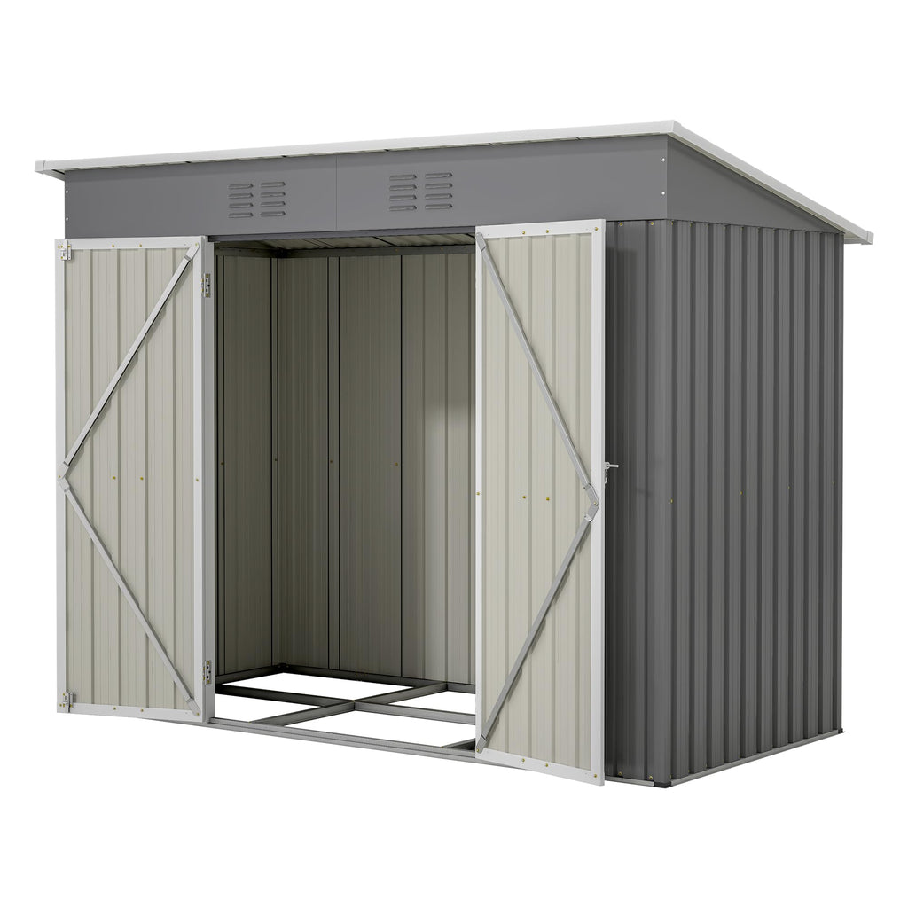 Metal Garden Shed with Sloped Roof and Tool Storage Cabinet