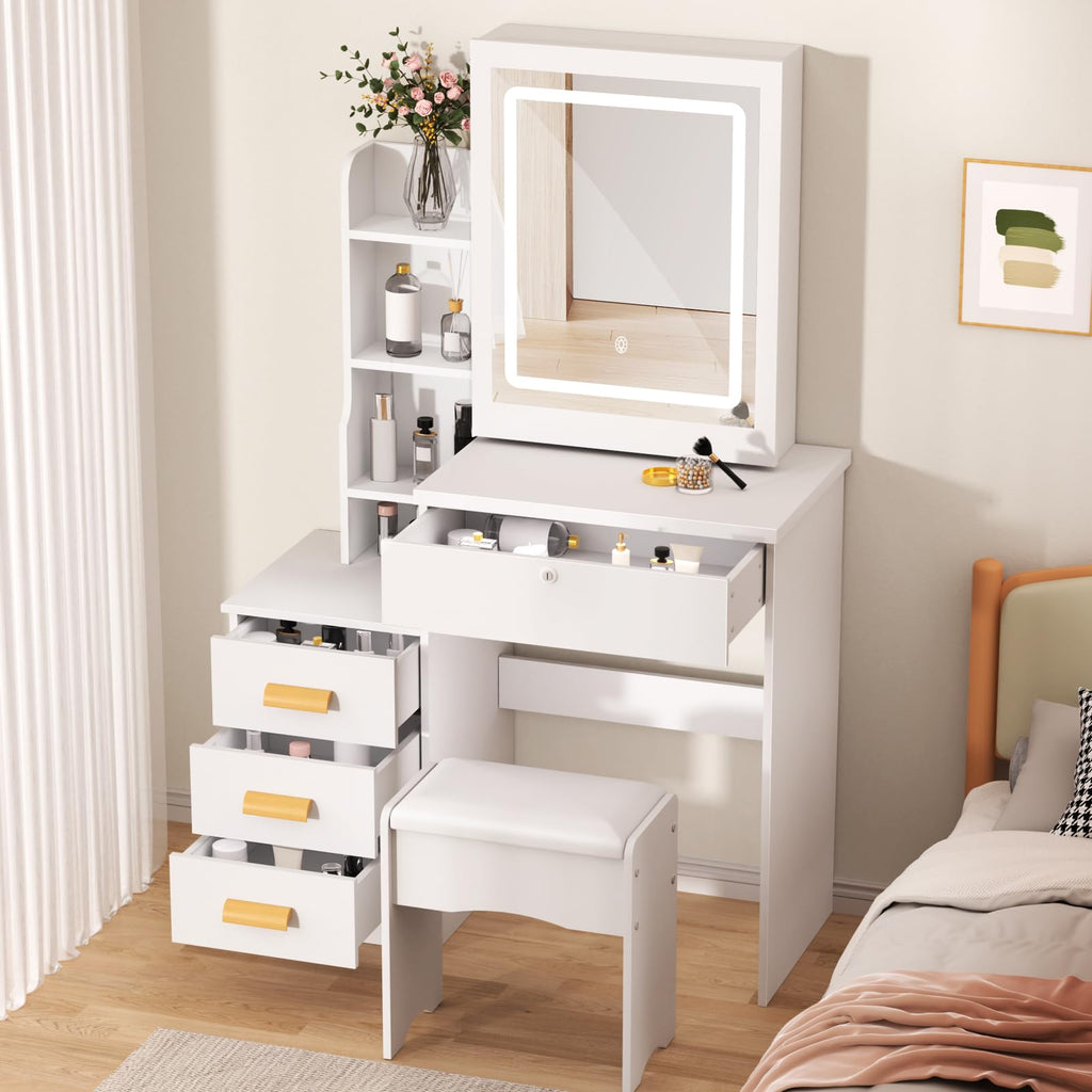 UDIYO Vanity Desk with LED Lights and Adjustable Brightness Mirror