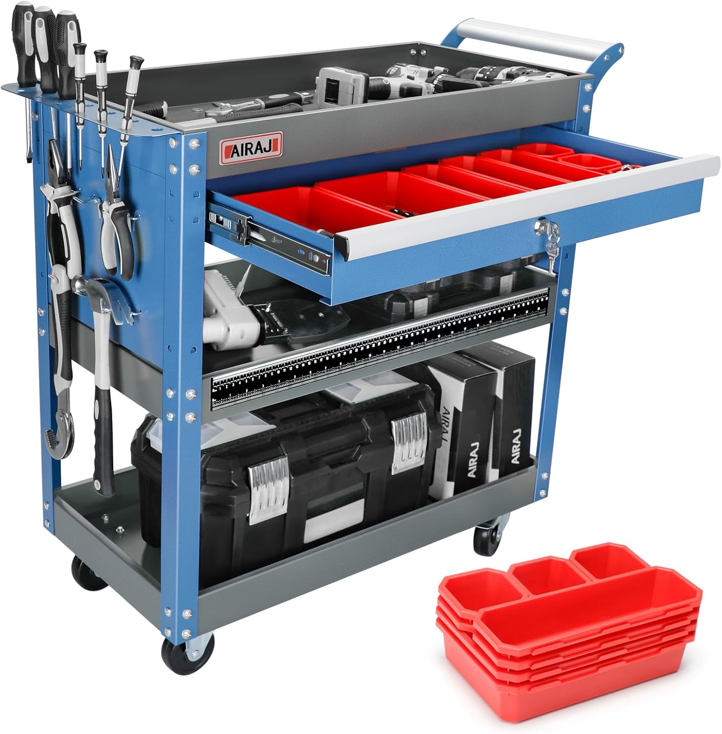AIRAJ 3 Tier Rolling Tool Cart with Drawers and Pegboard - 440 LBS Capacity