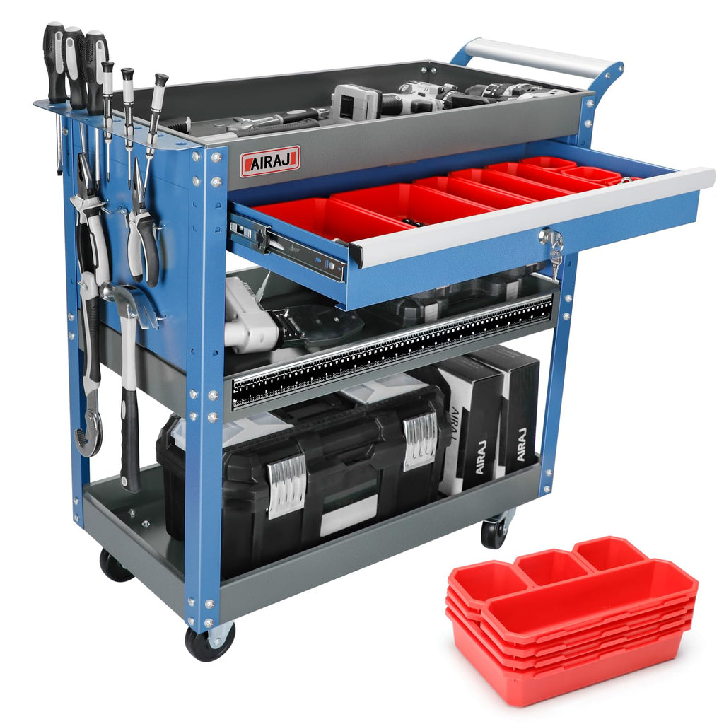 AIRAJ 3 Tier Rolling Tool Cart with drawers and pegboard, blue-black color