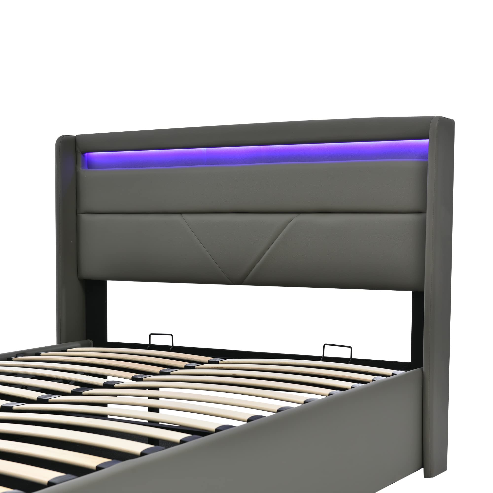 HBCKESD Hydraulic Storage Bed with LED Lighting, Grey