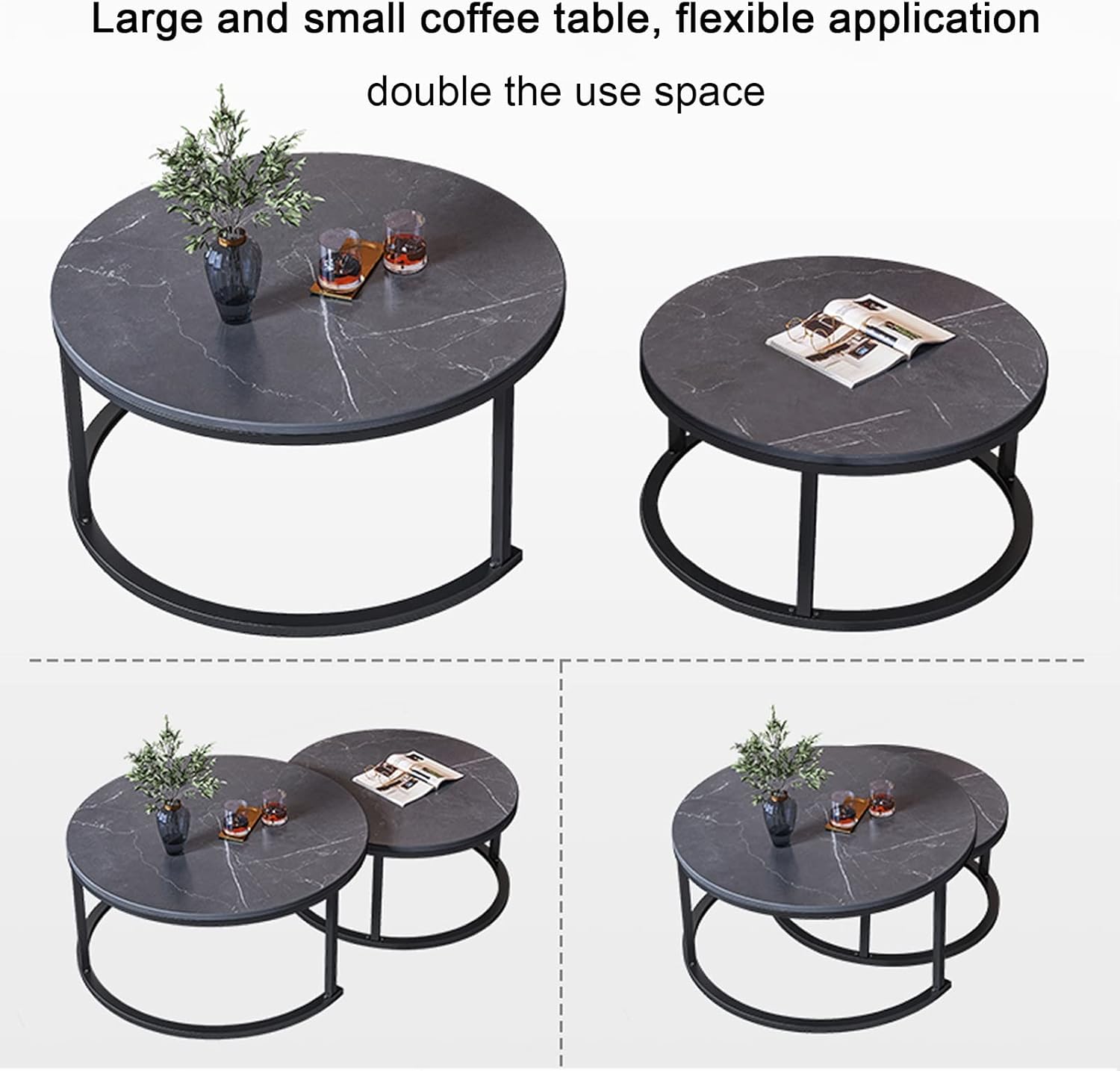 ZXFDMSWJ Round Nesting Coffee Table Set of 2 Marble Steel