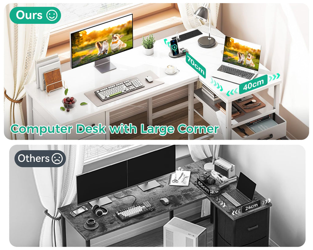 Coleshome L Shaped Computer Desk with Drawers and Power Outlet