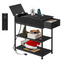 WLIVE 3-Tier Narrow Side Table with 2 USB Ports and 2 Outlets, Flip Top Black End Table with Drawer and Storage Shelves
