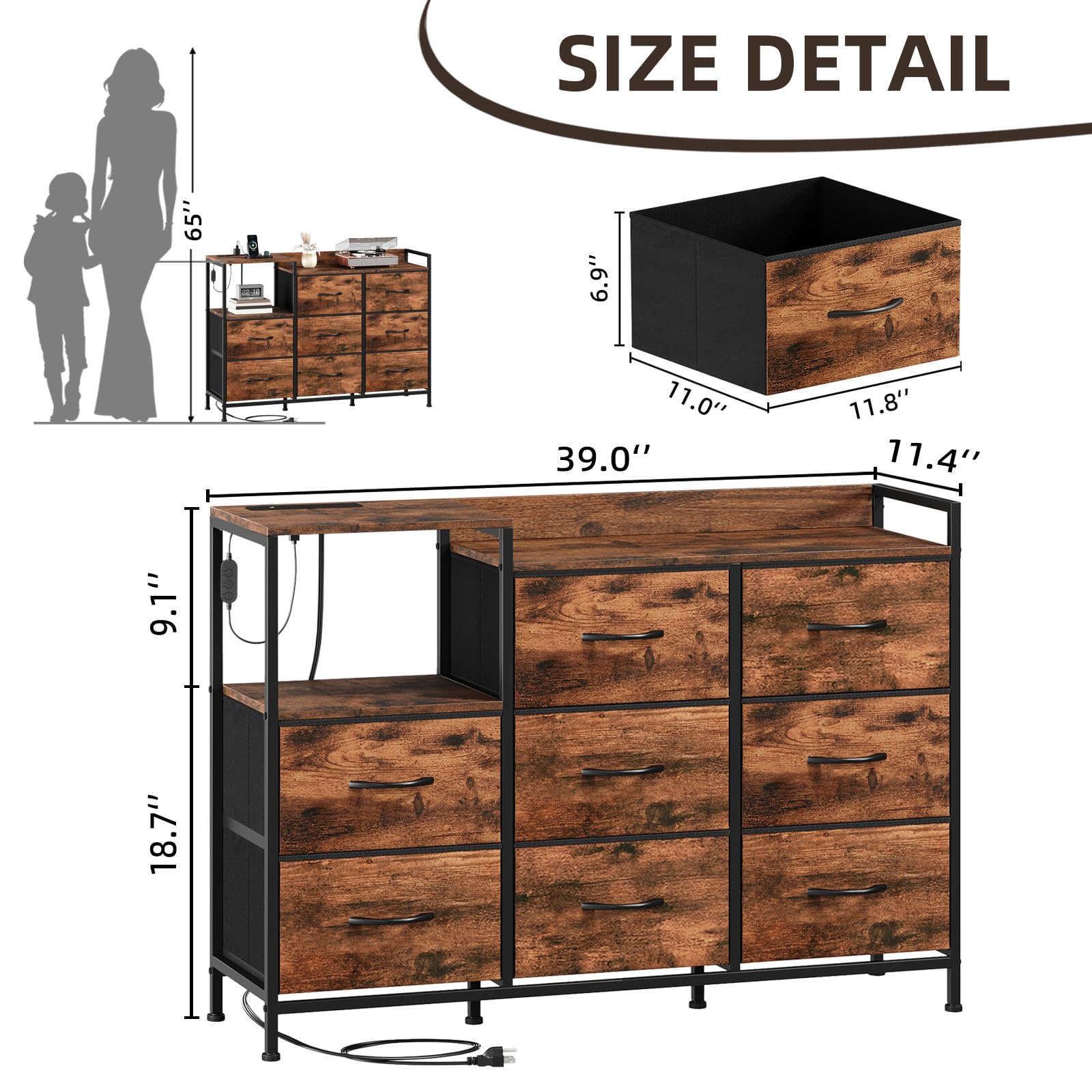 Somdot 8-Drawer Dresser with Charging Station and LED Light