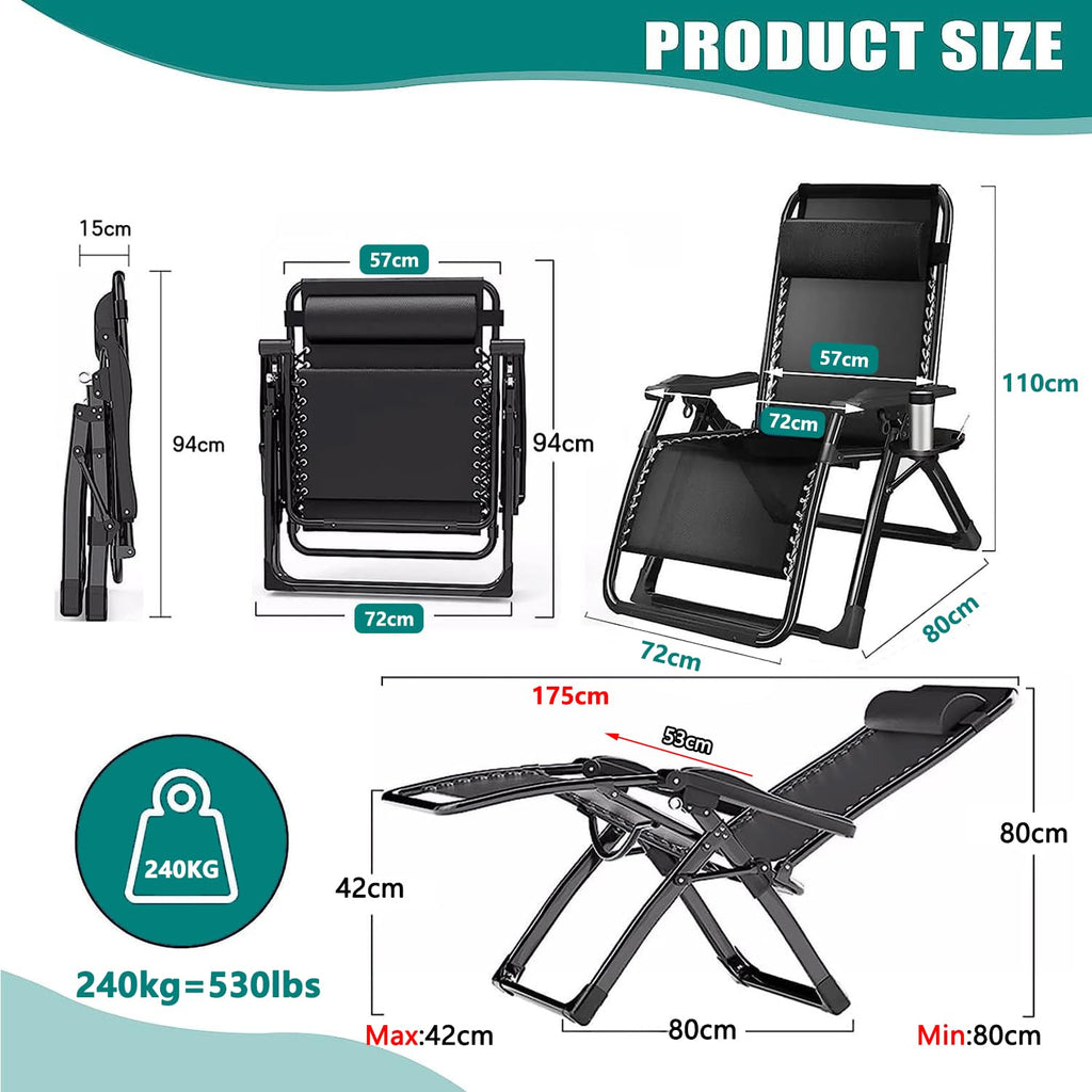 YOIZO Folding Deck Chair with Cushion, 72cm, Grey