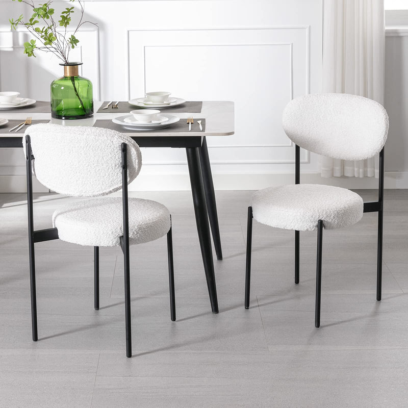 Set of 2 modern dining chairs with teddy fabric upholstery and metal legs