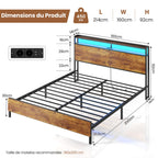 Brinlawb Vintage Brown Black Double Bed Frame with LED and Power