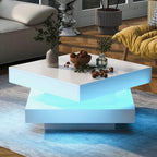 Sweiko white square coffee table with rotating tempered glass top and color-changing LED lighting