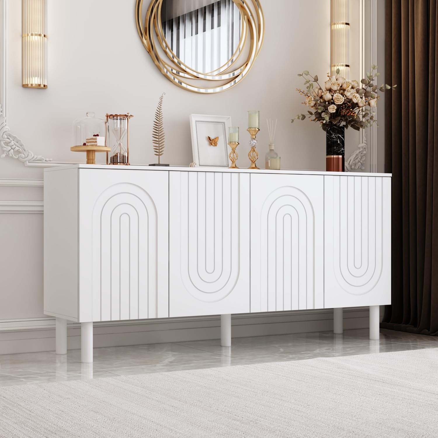 Caldion white modern sideboard with 4 doors, featuring a pop-up design and spacious compartments.