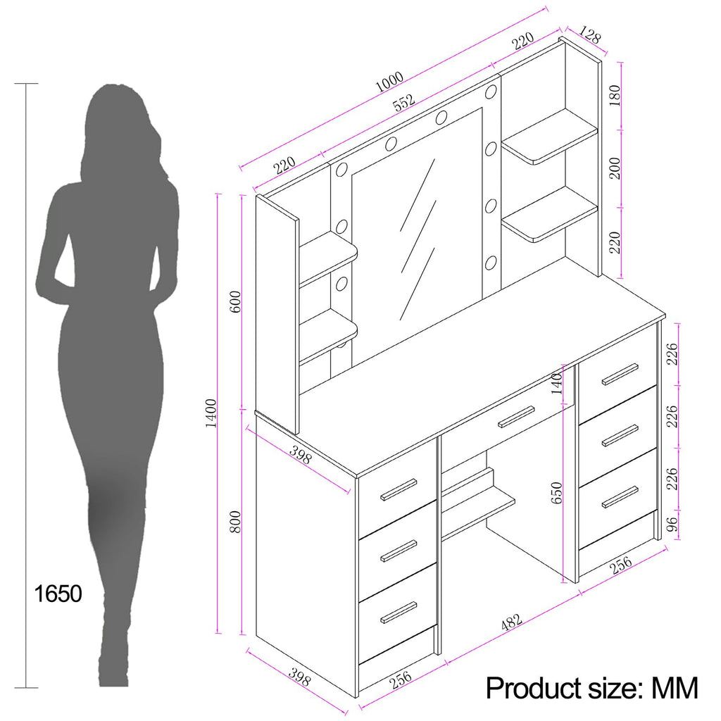 Puselo LED Lighted Makeup Vanity Table with 7 Drawers