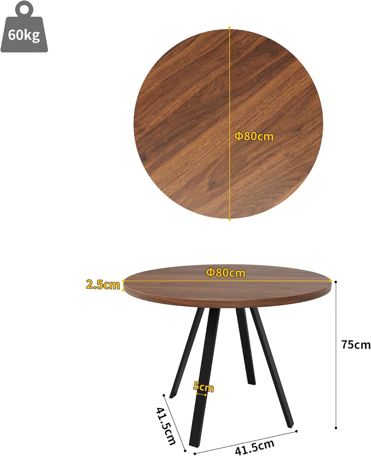 ZKLOEP Round Dining Table - Walnut and Black Metal Legs