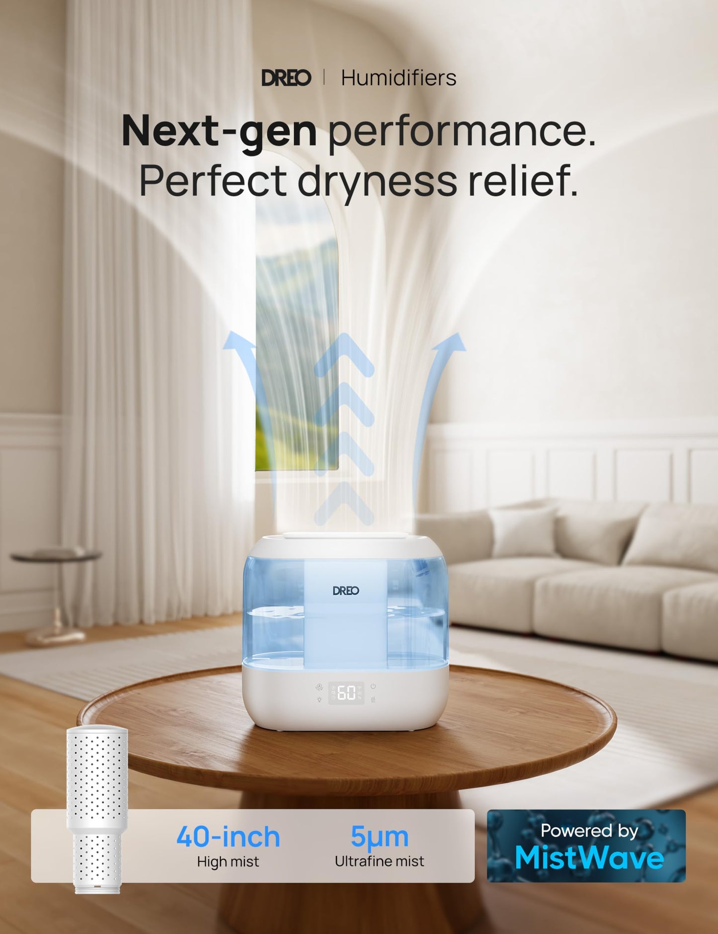 Dreo Smart Humidifiers for Bedroom, Top Fill 4L Cool Mist Humidifier with Nightlight, 32H Runtime, Touch/APP/Voice Control, Quiet Ultrasonic Humidifiers for Large Room, Home, Baby, Plants, Office