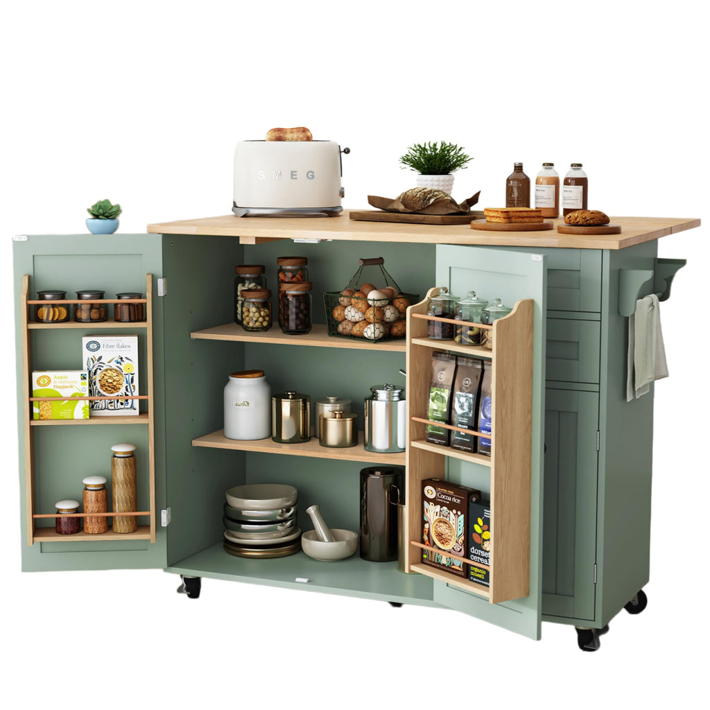 Sage green rolling kitchen island with storage, featuring a drop-leaf countertop and multiple shelves