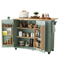Sage green rolling kitchen island with storage, featuring a drop-leaf countertop and multiple shelves