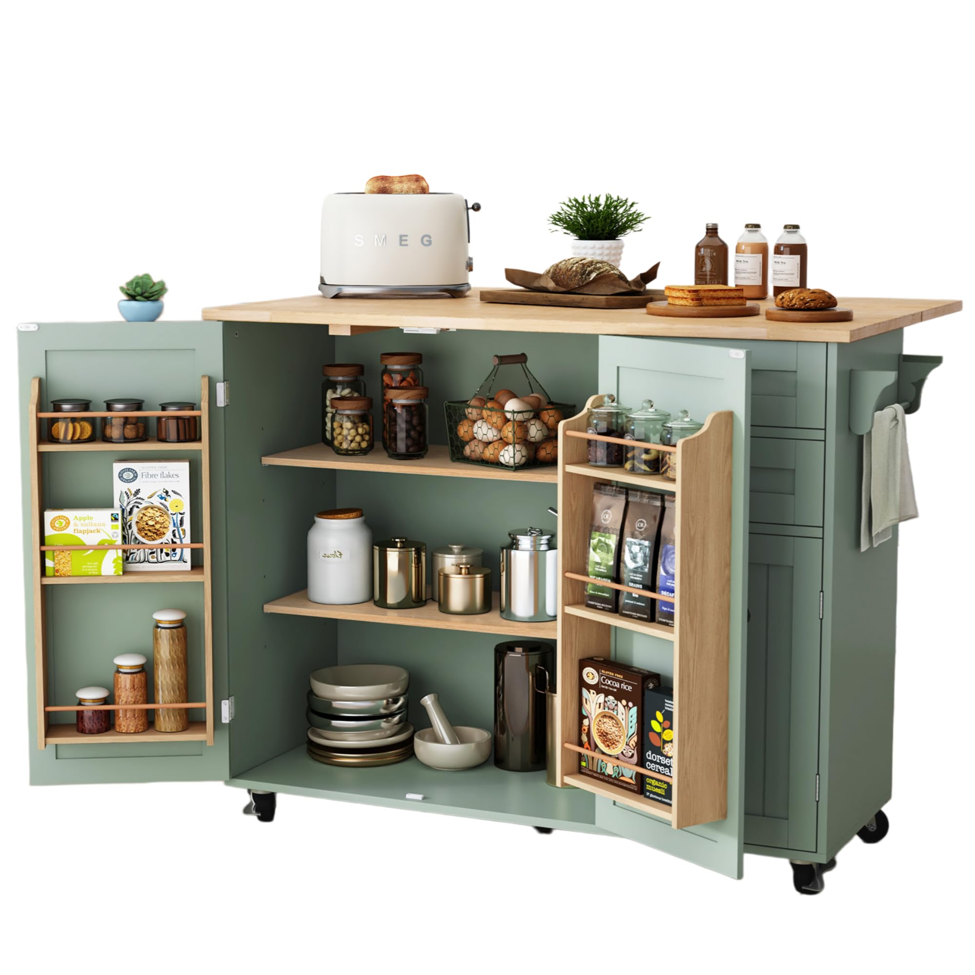 Sage green rolling kitchen island with storage, featuring a drop-leaf countertop and multiple shelves