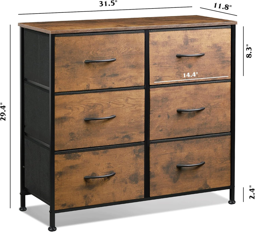 WLIVE 6-Drawer Fabric Dresser - Rustic Brown Wood Grain