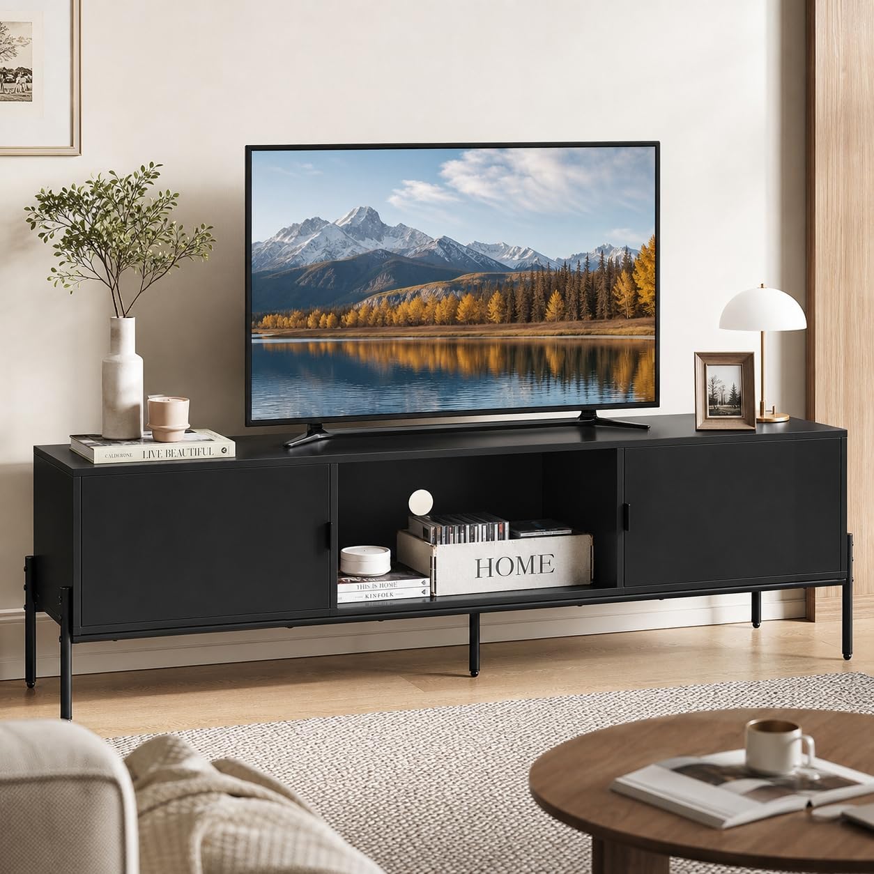 Mid-century modern TV stand with storage for 65 inch TVs featuring metal legs and engineered wood