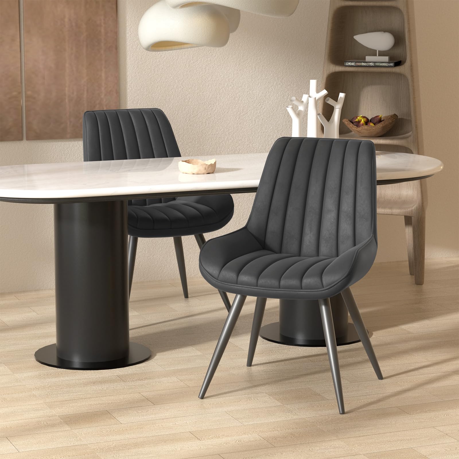 Set of 2 modern black dining chairs with thick cushions, fabric upholstered side chairs with metal legs