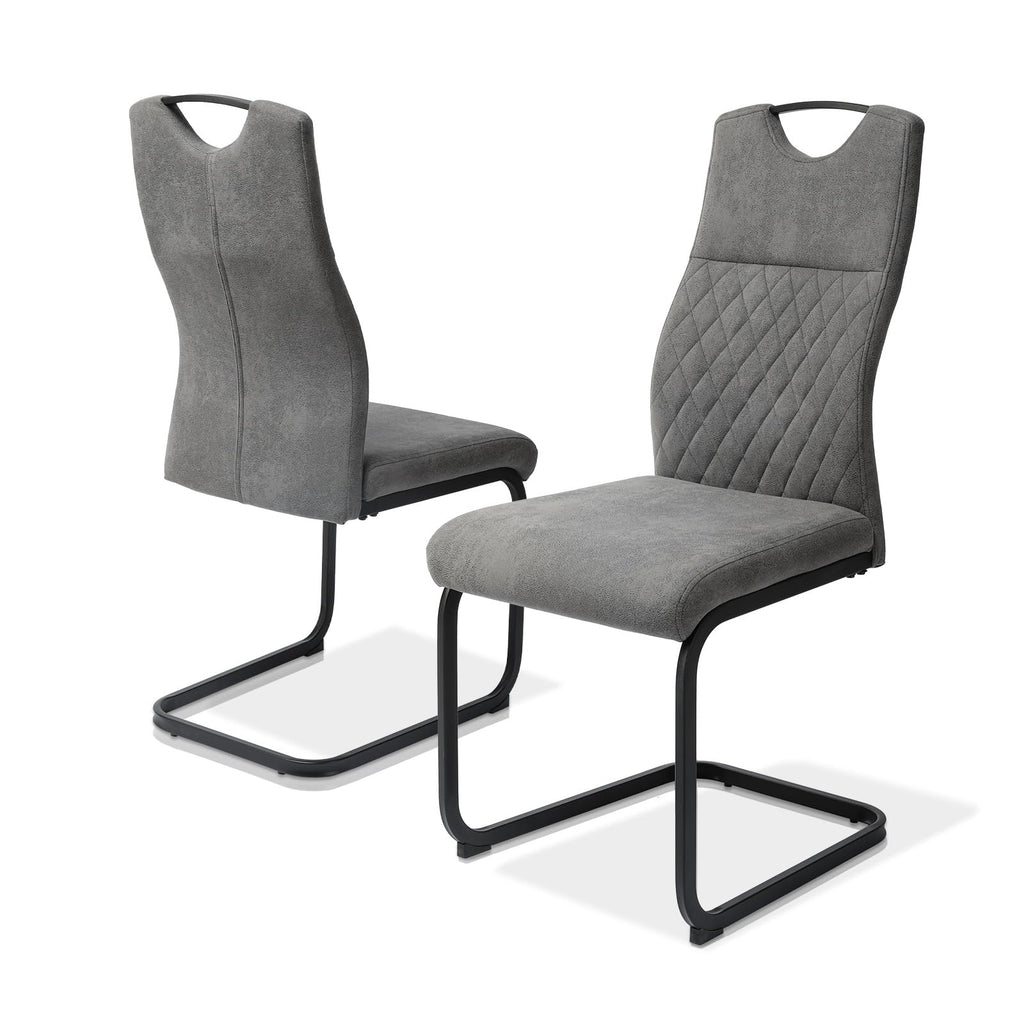 Set of two modern high back dining chairs with grey beaver fabric seats and chrome legs