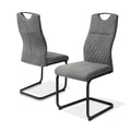 Set of two modern high back dining chairs with grey beaver fabric seats and chrome legs