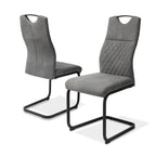 Set of two modern high back dining chairs with grey beaver fabric seats and chrome legs