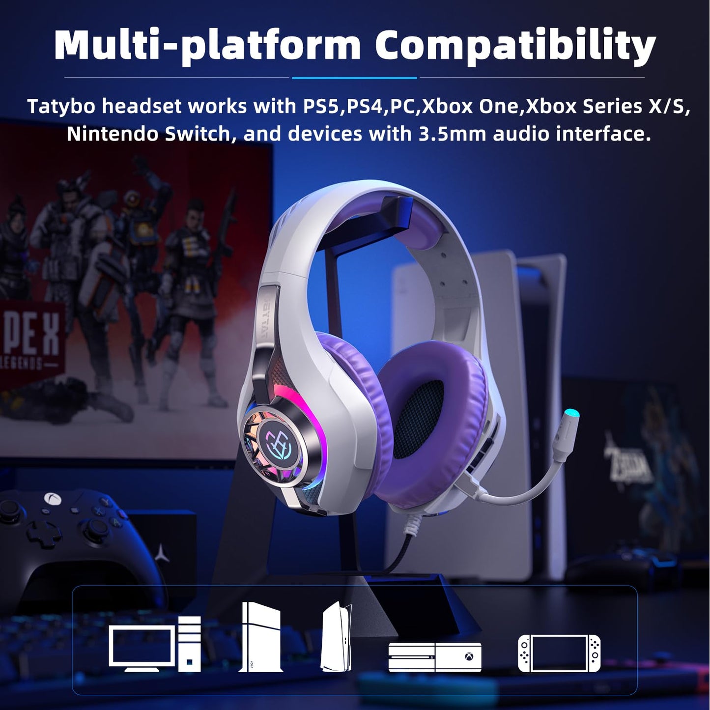 Gaming Headset for PC, Ps5, Switch, Mobile, Gaming Headphones for Nintendo with Noise Canceling Mic, Deep Bass Stereo Sound