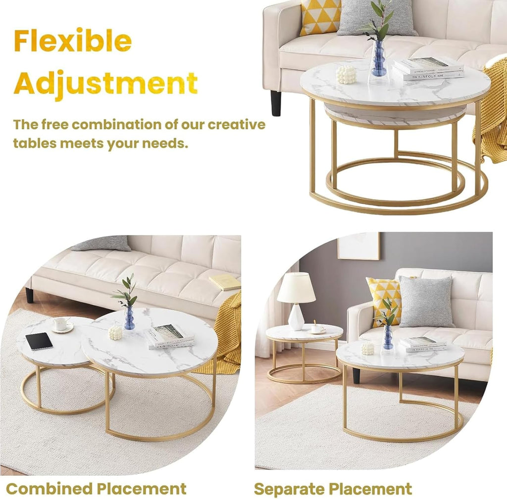 Ginhow Set of 2 Round Coffee Tables White Marble Design